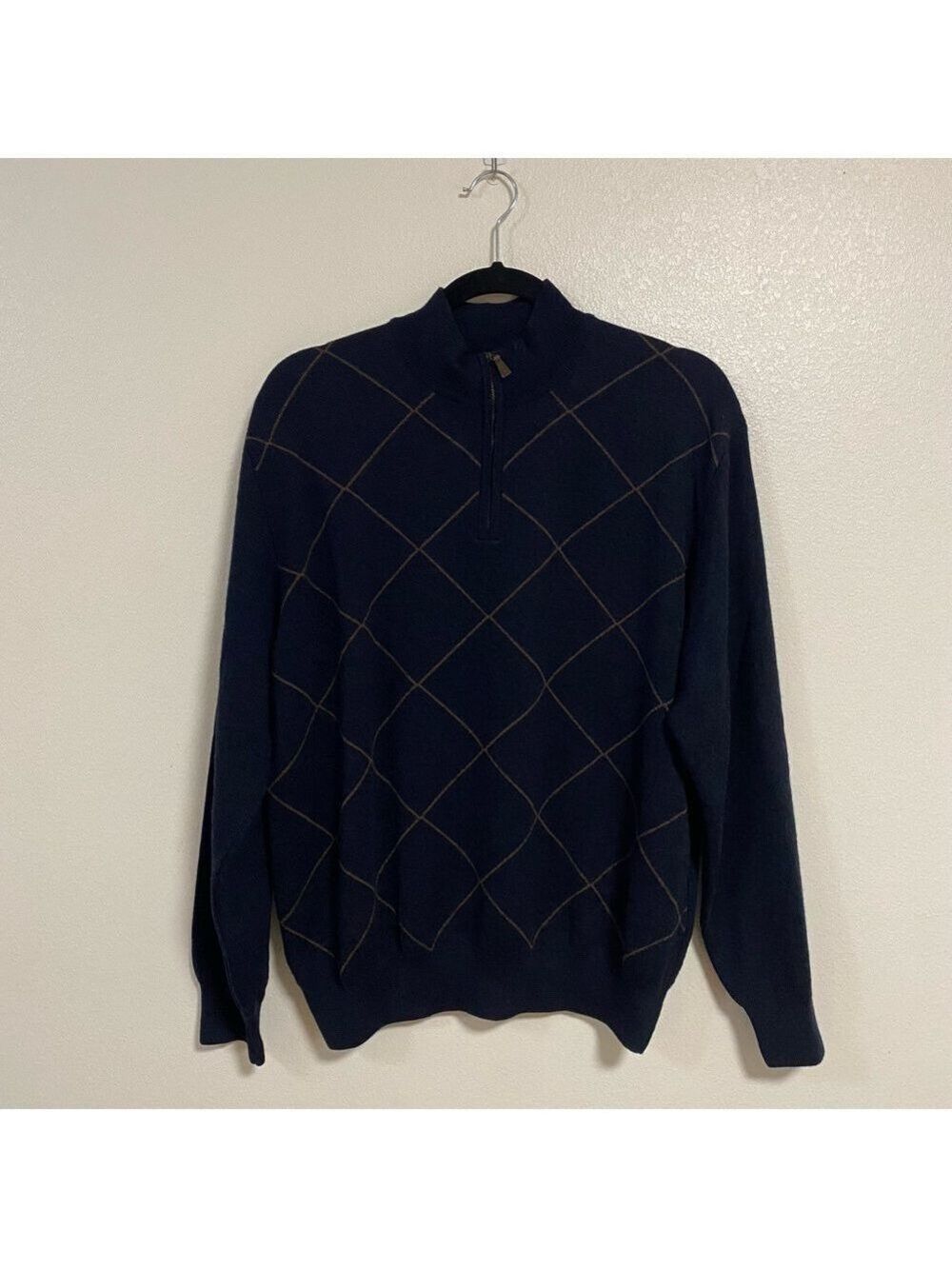 Scott Barber Sweater Men's Size Large Navy Argyle Merino Wool Sweater